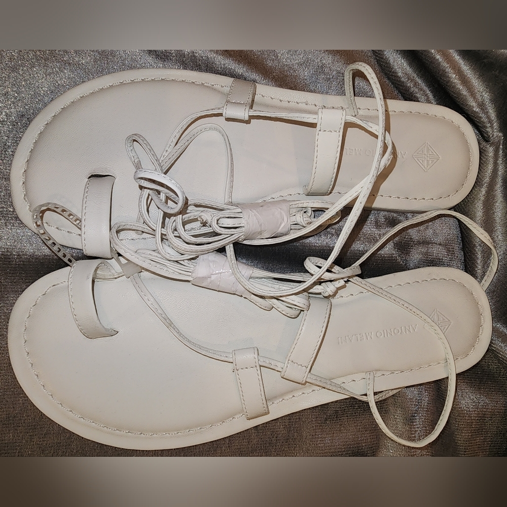 New Antonio Melani Leather Lace-Up Flat Sandals